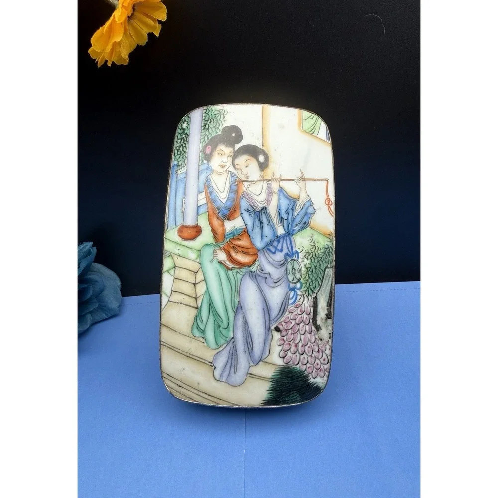 Vintage Chinese Porcelain Silver Plated Shard Trinket Jewelry Box Hand Painted